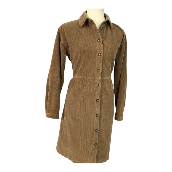 Vintage tan corduroy button front long sleeve dress twee retro USA made academia - Picture 3 of 16